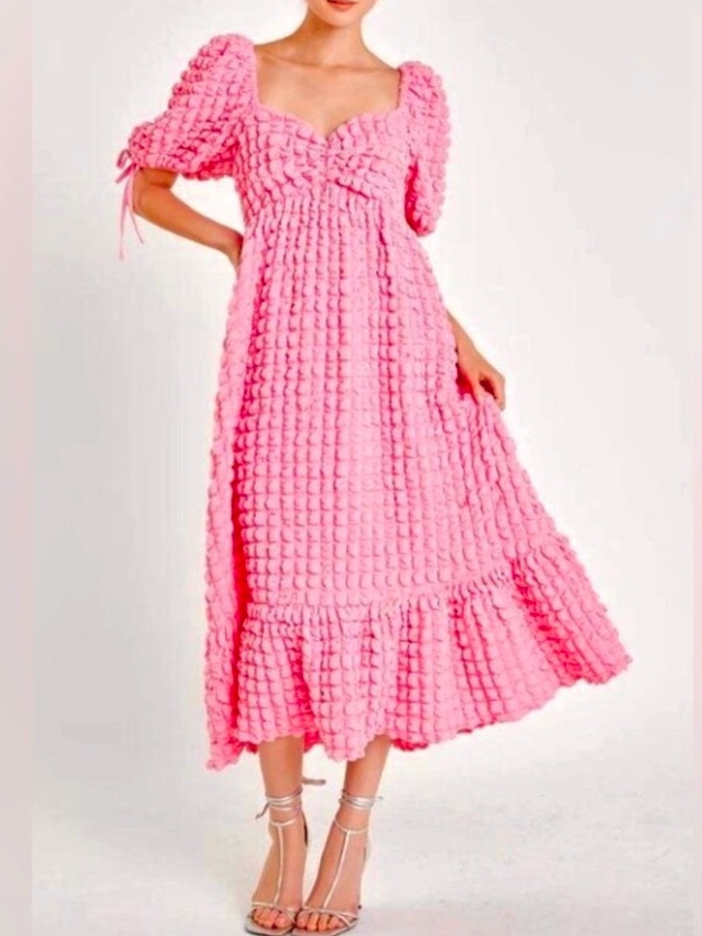 Endless Rose Bubble Puff Texturized fabric midi dress puff sleeve Pink size S - Picture 3 of 17